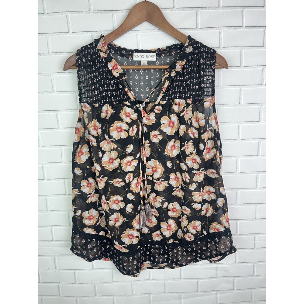 Knox Rose Tank top Women's Medium Black Pink Sheer‎ Smocked Tassel Cottage Fairy